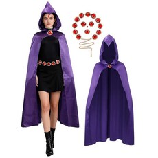 Brableewear 여성용 까마귀 코스튬 퍼플 후드 망토 레드 젬 허리 벨트 할로윈 드레스 업 벨트+망토 특소형