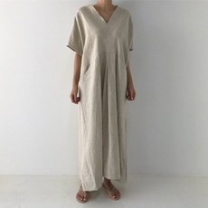 POMTOR 여성 빅사이즈 린넨라이크 브이넥 롱 원피스 빅포켓 빈티지 무드