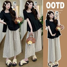 패션 임부복 상하의 세트 봄 여름 고급스러운 기질 임산부 셔츠 상의 + 캐주얼 트렌드 도트 와이드 바지 투피스 WMY