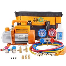 BACOENG 4 CFM AC 진공 펌프 및 게이지 세트 R134a R410a R12 냉매용 누출 감지기가 있는 HVAC 키트 퀵 커플러 캔 탭 기능 포함, 3Way & 3.6CFM