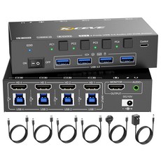 HDMI KVM 스위치 4 컴퓨터 8K@60Hz 4K@44Hz 시뮬션 EDID Camgeet 포트 USB3.0 포함 공유 및 키보드 마우스 헤드셋 유선 리모컨 전원 어댑터, black, 15 cm, 8K HDMI 1 Monitor