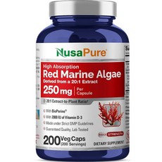 NusaPure Red Marine 조류 캡슐 250mg 식물성 캡슐 200개(콩 프리 GMO 프리), NusaPure Red Marine 조류 캡슐, 250