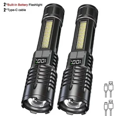 호환 고출력 LED 손전등 타입-C 방수 토치COB 측면 조명 포함 줌 휴대용 캠핑 하이킹 램프, 2Psc Bla, [02] 2Psc Black