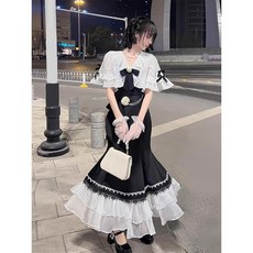 洛麗塔 禮服套裝 白色披肩 黑色魚尾裙
