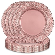 Yinder 12개의 앤티크 충전기 세트 13인치 플라스틱 빈티지 플레이트 충전기 장식 엠보싱 충전기 저녁 식탁 결혼식을 위한 바로크 림 우아한 식기 장식 (로즈 골드), 1개