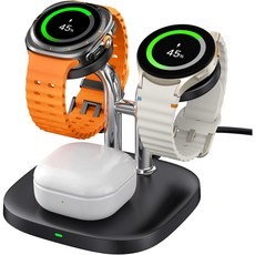 SwanScout 704S 갤럭시 워치 듀얼 충전기 2대 동시 충전 안정적인 거치형 이어폰 호환, 블랙, 1개