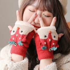 可愛卡通露指半截手套 - 冬季保暖加絨翻蓋寫字手套