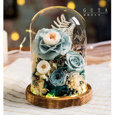 GUTA永生花玻璃罩燈 玫瑰花乾燥花 求婚告白情人節禮物, 藍白色玫瑰燈罩組