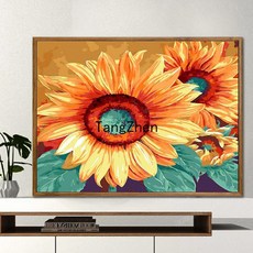 【TangZhen】유화그리기 유화그리기세트 diy 디지털 유화 가방 우편 거실 성인 어린이 손으로 채색 유채화 수제 장식 창문 앞 풍경, 40*50 어셈블리 외곽선(색상 노트) 추가, 해바라기 미소, 1개