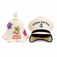 SAUNA GURU 사우나 모자 'Captain and Miss Sauna' 화이트 - 러시아 반야용 100% 유기농 울 펠트 모자 - 열로부터 머리 보호 - 영어 사우나 전자