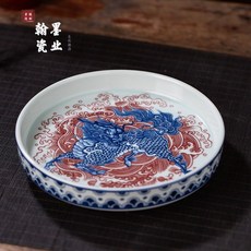 爆款景德鎮陶瓷仿古泥釉裏紅海水青花麒麟壺承單個幹泡臺蓋碗托茶盤, 1個, 釉裏紅青花麒麟壺承