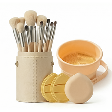 미니멜로 프리미엄 올인원 메이크업 브러쉬 12종 세트 퍼프3p 세척통, 1개, 옐로우