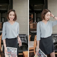 브이넥 티셔츠 블라우스 데일리룩 셔츠 루즈핏 쉬폰 여성 가을 캐주얼 사이즈 긴팔