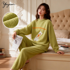 여성 캐릭터 포인트 융털 두꺼운 수면잠옷 겨울 홈웨어 상하세트