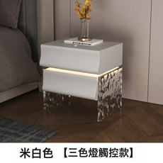 現代輕奢高級感小型黑色實木床頭櫃, M06實木包皮米白色帶燈款