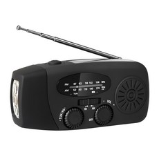 SUKI 태양열 휴대용 소형 핸드크랭크라디오 스피커 자가발전손전등 LED 랜턴 보조베터리, 블랙