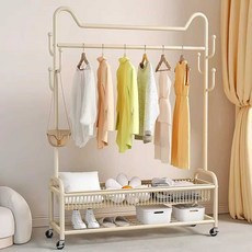 이동식 스탠드 옷걸이 실내용 2단 원목 드레스룸 침실 거실, 120cm 더블 크림화이트