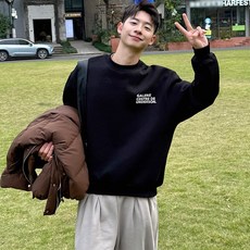 FONOW 남자 베이직 라운드넥 맨투맨 블랙 루즈핏 사계절 데일리웨어 맨투맨 티셔츠