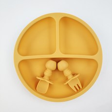 母嬰輔食防摔耐高溫圓形餐盤 卡通寶寶硅膠叉勺吸盤碗兩件套, 1個, 圓形餐盤+短款叉勺(薑黃色):如圖