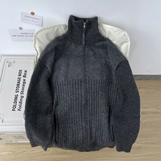 남성용 겨울 루즈핏 솔리드 컬러 긴팔 하이넥 더블 지퍼 가디건 그레이 니트 스웨터 아메리칸, 회색, 3XL 사이즈