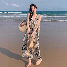 수묵화 프린트 v 여름 여성용 끈나시 원피스 편안하고 여유로운 스타일의 무릎 아래 길이의 플로럴 원피스