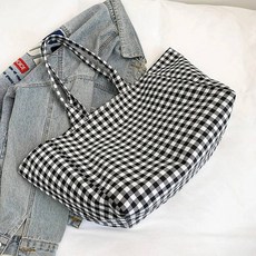 여성 대용량 격자무늬 캔버스 숄더 토트백 (대학생 통근 쇼핑), Black