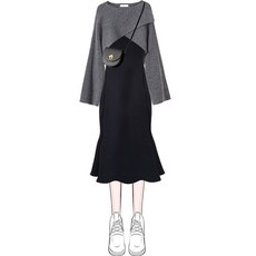 슬림소녀 여성 봄 가을 라운드 언밸런스 디자인 니트 슬림핏 나시 원피스 투피스 세트