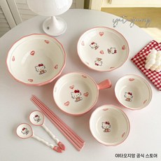 고양이 캐릭터 가정용 도자기 식기 세트, 밥그릇 2개+그릇 + 원반+그릇 +수저 2개