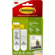 Command 15 lb 및 10 대형 중형 28쌍 그림 걸이 스트립56개 스트립 액자용 손상 없는 도구 필요 없음 홈 룸 벽 장식에 적합 흰색 접착제, White, 28 Pairs