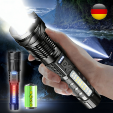 Eclairex독일 led 충전식 손전등 고휘도 초강력 휴대용 손전등 후레쉬 줌 써치라이트, 블랙, 1개