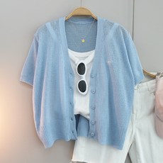 달콩 여성 여름가디건 츄츄리본브이넥반팔니트가디건