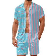 HUGLAZY 남성용 투피스 의상 성 패트릭의 날 셔츠 반소매 하와이안 셔츠 반바지 해변 의상 파티 디스코 블루 스트라이프 플라밍고 XL