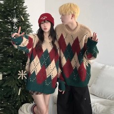 美式復古菱格聖誕情侶裝毛衣秋冬2025新款高級感超火慵懶風針織衫, 1個, M5734聖誕棕毛衫【高質感】,m建議50.0公斤以下