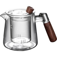 胡桃木把手耐熱玻璃泡茶壺 一體過濾茶水分離家用功夫茶具, 透明-胡桃木雅茗壺【650ML】,單壺, 1個