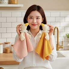 이지몰 귀여운 오리 핸드타월 고흡수 극세사 손수건 걸이형 주방 타올, 핑크, 1개