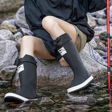 TIMEPURE 커플용 장화 두꺼운 밑창 하이탑 패션 레인부츠 캠핑용 방수 미끄럼방지 아웃도어 워킹 조임끈 디자인 여울 낚시 워터슈즈