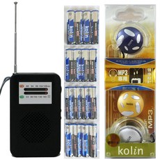 Kolin AM/FM收音機 耳掛式耳機 4號電池組合, 黑色, SY-5201B收音機+3號16入電池+耳掛耳機