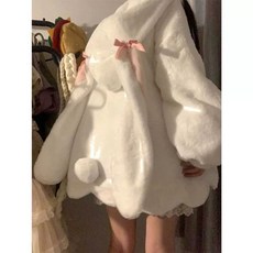 토끼 귀 귀여운 코트 외출복 루즈핏 여성 부드럽고 실내복 벨벳 가을 후드 겨울 하프코트