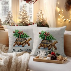 HOMETITUTE 크리스마스 장식용 쿠션 커버 2개 세트 45.7x45.7cm(18x18인치) 리넨 장식 쿠션 커버 거북이 휴대용 크리스마스 트리 재미있는 휴일 베개 커버, 메리 크리스마스 장식용 쿠션 커버#08