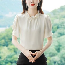 지존보 여성 여름 반팔 블라우스 꽃 장식 우아한 정장 스타일