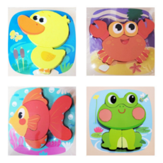 지니어스래빗 유아원목퍼즐 두돌아기장난감 교구, 동물(오리+개구리+꽃게+물고기)