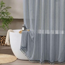 SiiluMINI 미니soy 스톨 샤워 커튼 안개 블루 리넨 보헤미안 91.4cm x 182.9cm(36인치 72인치) 러스틱 스트라이프 프렌치 컨트리 섀비 시크 RV 및 호텔