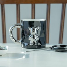 마리아즈시크릿 스틸 곰돌이 머그 세트 (머그컵+뚜껑+티스푼), 블랙, 1세트, 블랙