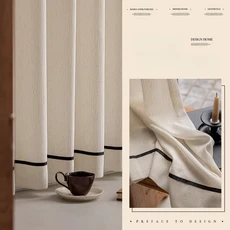 프렌치 빈티지 레이스 스티치 세미 쉬어 프라이버시 커튼이 있는 프리미엄 블랙 엣지 리넨 보일의 거실 침