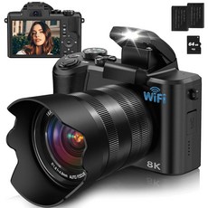 8K 디지털 카메라 WIFI 터치 스크린을 사용한 사진 촬영용 800만 화소 유튜브 비디오용 브이로그 16배 오토포커스 흔들림 방지 듀얼 배터리 2개 64GB 카드 플래시, Black