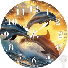 Identiy 원형 벽시계 무소음 배터리 작동 블루밍 해바라기 밭 30.5cm(12인치) 논틱 읽기 쉬운 디스플레이 원형 아날로그 벽시계 사무실 침실 거실 및 주방용 장식, 활기찬 뛰는 돌고래