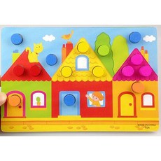 木製玩具E4I 蘑菇釘配對手抓板 顏色認知手抓板 商檢合格木質益智玩具, 1個, 三個房子
