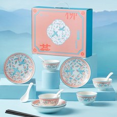 碗盤禮盒 餐具套組 陶瓷餐具 柳燕雙飛頭碗盤筷勺禮盒 喬遷送禮, 1個, 柳燕雙飛16頭餐具