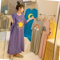 여성 원피스 홈웨어 태양 달 프린트 반팔 롱 잠옷 라운지웨어 실내복