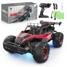 LARVEY 1 16 스케일 리모컨 차량 20km/h 고속 트럭 오프로드 RC LED 라이트 및 섀시 조명 소년 전기, Crimson Thunder, 1개